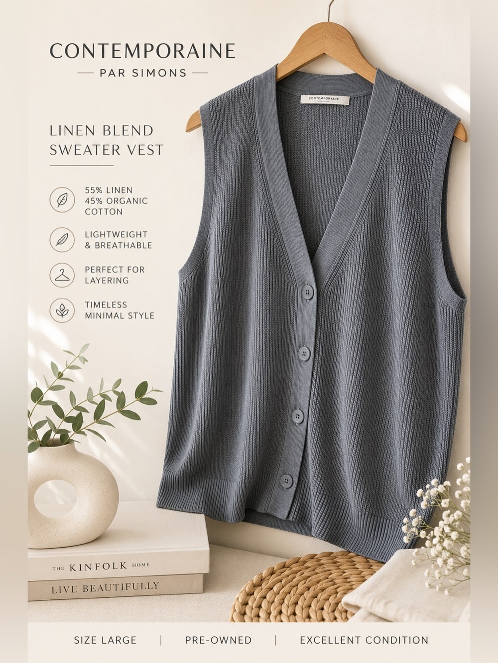 Contemporaine Par Simons Linen Blend Sweater Vest Gray Button Front Women’s L - Picture 2 of 9